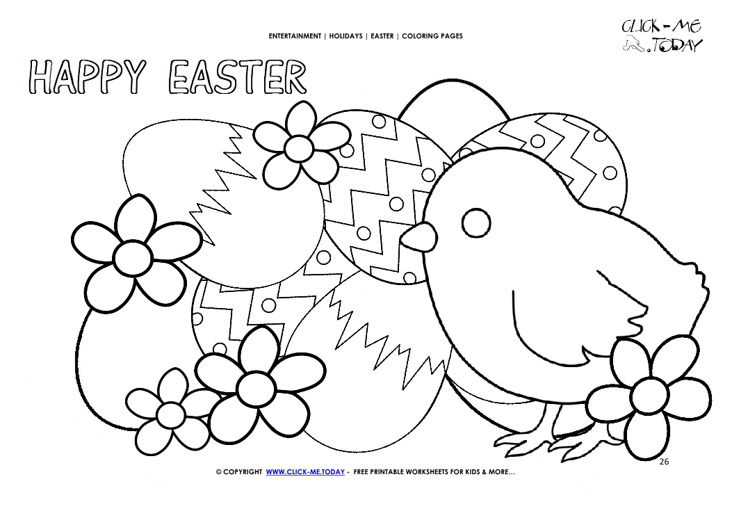 Easter Coloring Page: 26 Happy Easter chick with eggs & flowers